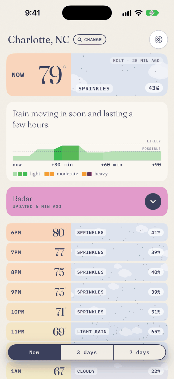 Ninety Sky on iPhone: 82 degrees and rain now in Charlotte, with the ninety-minute ribbon and the next hours below