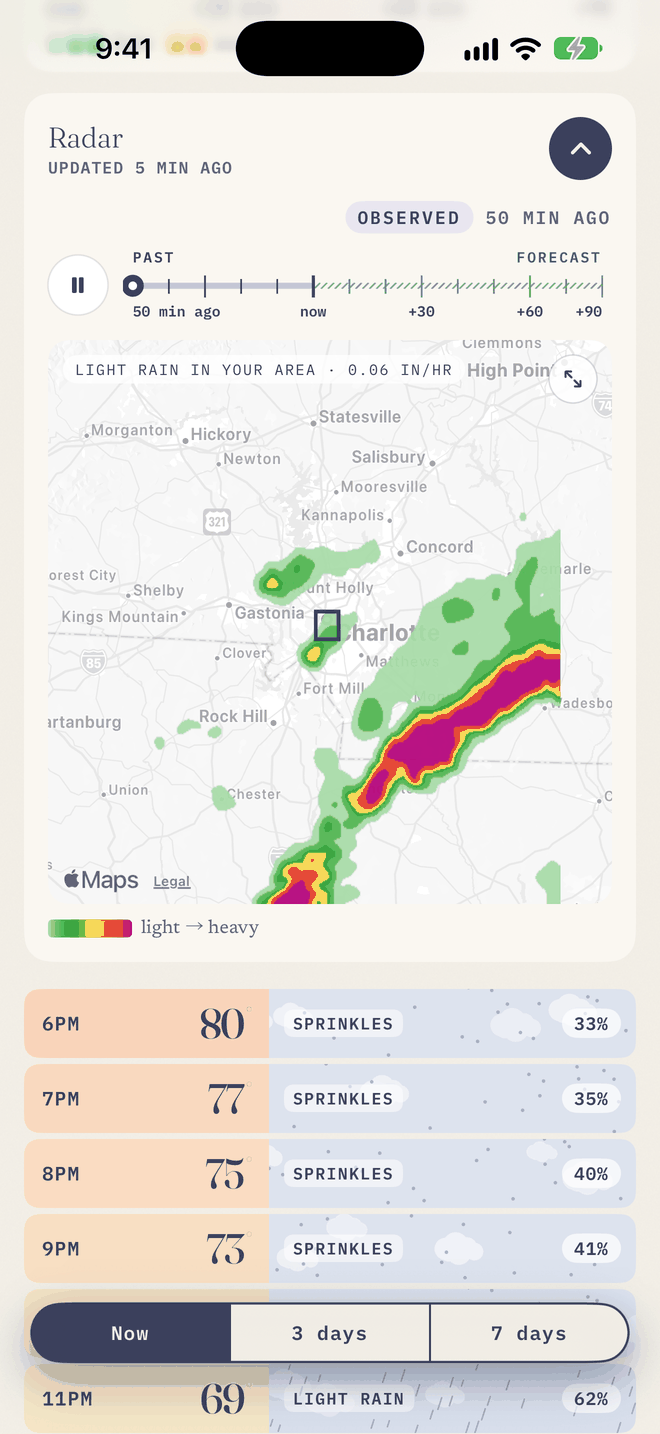 The radar card: rain around Charlotte, with the last hour and the next ninety minutes