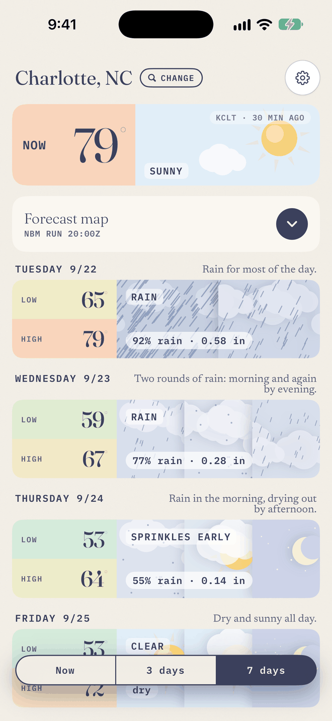 Seven days: each day's low and high, and its sky morning to night